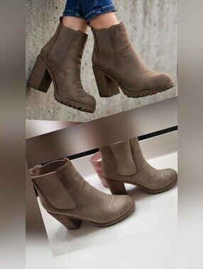 Suade Chelsea Ankle Boots Booties Block Chunky High Heel Lug Sole Platform